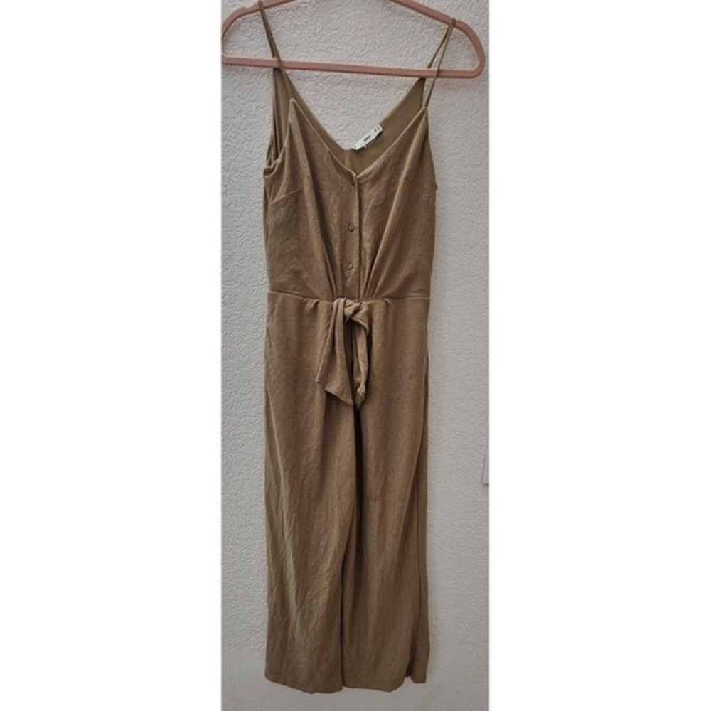Mango MNG Jumpsuit Women XS Tan Excellent Textured Tie Waist Wide Leg V-Neck